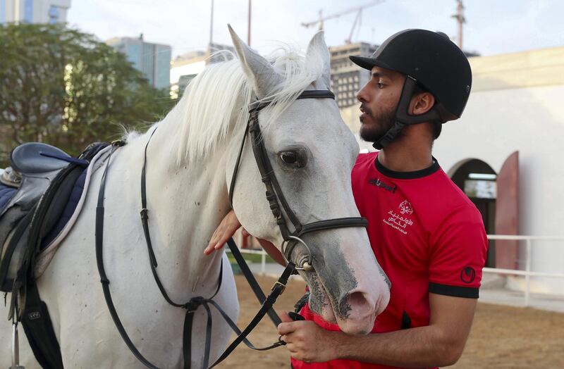 DUBAI , UNITED ARAB EMIRATES , February 10 – 2019 :- Mohammed Al Tajer Al Shamsi  during his training at the Al Ahli Horse Riding Club in Dubai. He won the equestrian medals for the UAE in various competitions.  ( Pawan Singh / The National ) For News/Instagram/Big Picture. Story by Ramola