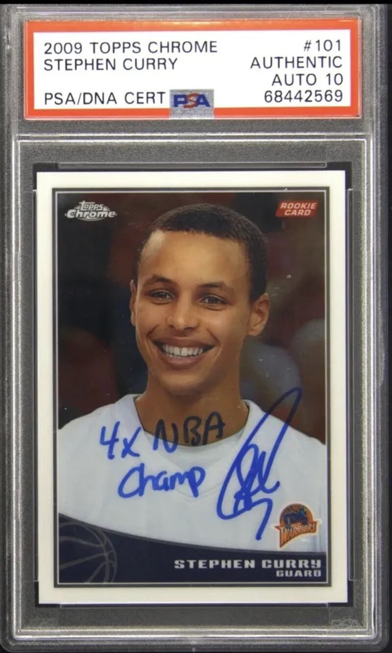 Basketball sensation Stephen Curry’s autographed rookie card broke records in 2021, selling for $5.9 million. Photo: Professional Sports Authenticator