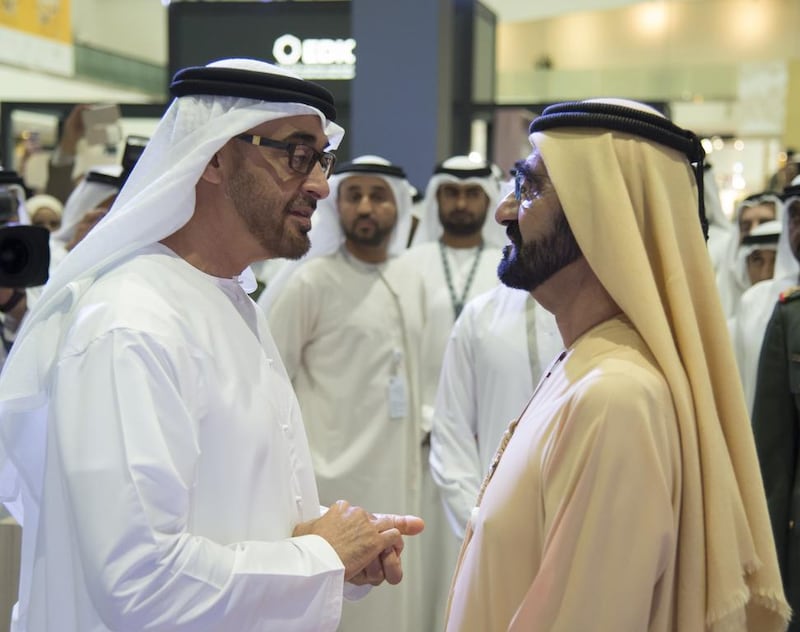 Sheikh Mohamed bin Rashid, the Vice President, Ruler of Dubai and Minister of Defence, greets Sheikh Mohammed bin Zayed Crown Prince of Abu Dhabi and Deputy Supreme Commander of the Armed Forces, at Idex. Mohamed Al Suwaidi / Crown Prince Court - Abu Dhabi