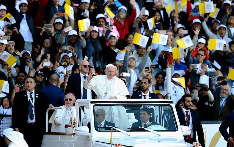 Pope Francis (arrives to lead a Mass at Zayed Sports City in Abu Dhabi. EPA