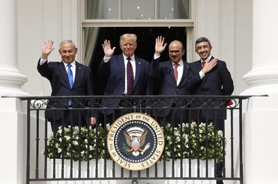 FILE: Bloomberg Best Of U.S. President Donald Trump 2017 - 2020: Benjamin Netanyahu, Israel's prime minister, from left, U.S. President Donald Trump, Abdullatif bin Rashid Al Zayani, Bahrain's foreign affairs minister, and Sheikh Abdullah bin Zayed bin Sultan Al Nahyan, United Arab Emirates' foreign affairs minister, stand during an Abraham Accords signing ceremony event on the South Lawn of the White House in Washington, D.C., U.S., on Tuesday, Sept. 15, 2020. Our editors select the best archive images looking back at Trump’s 4 year term from 2017 - 2020. Photographer: Yuri Gripas/Abaca/Bloomberg
