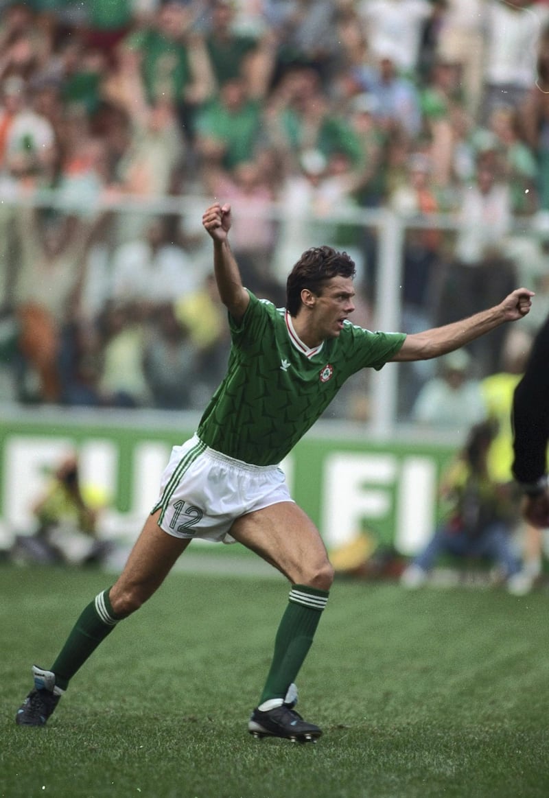 25 Jun 1990:  David O''Leary of Ireland celebrates scoring the winning goal in the penalty shoot-out during the World Cup match against Romania in Genoa, Italy. The match ended in a 0-0 draw but Ireland won 5-4 on penalties. \ Mandatory Credit: Allsport UK/Allsport