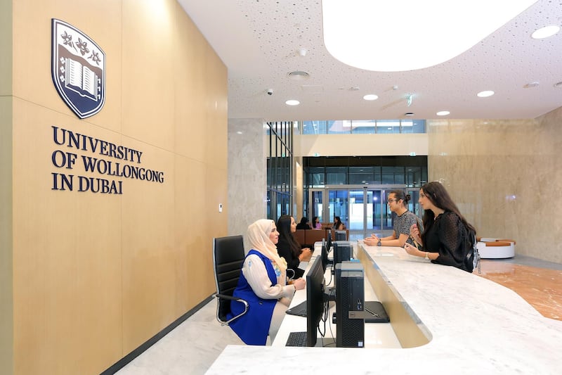 Students speak to administration staff at University of Wollongong's new campus at Dubai Knowledge Park. Courtesy: UOWD