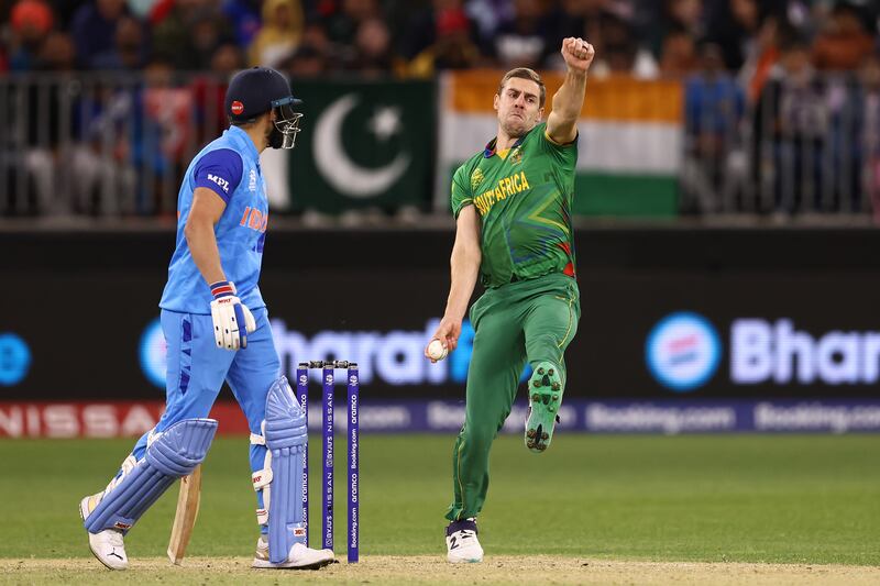 Anrich Nortje of South Africa bowls against India. Getty 