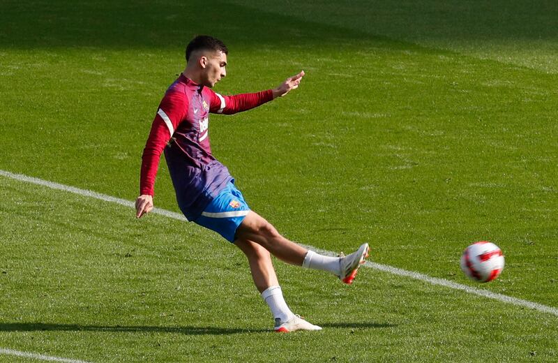 Barcelona's Ferran Torres takes part in training on Monday. Reuters