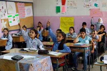 Palestinian refugees attend school in the eastern Bekaa Valley town of Taalabaya, Lebanon, in May. AP