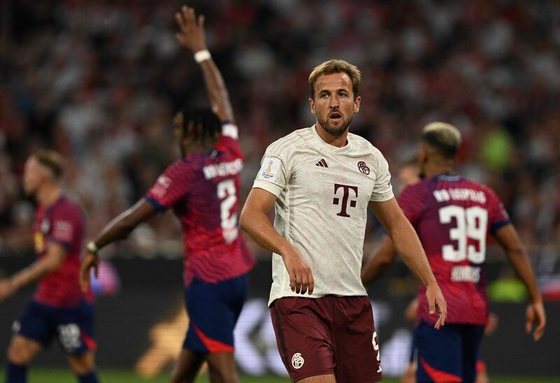 Harry Kane reacts during the German Super Cup match Bayern Munich and RB Leipzig. AFP