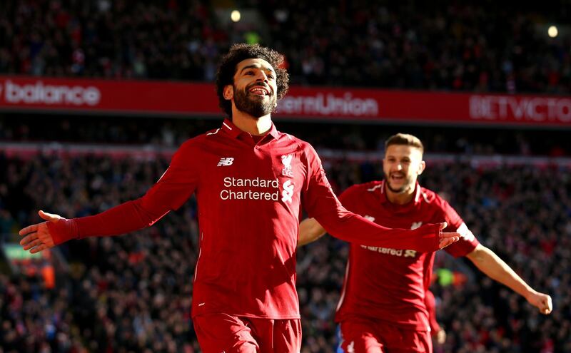 Mohamed Salah of Liverpool celebrates after scoring against Cardiff City at Anfield on October 27, 2018. Getty Images