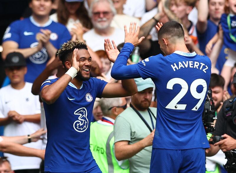 Reece James celebrates scoring Chelsea's second goal. Reuters