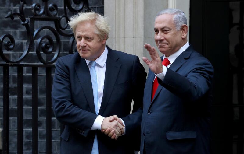 Britain's Prime Minister Boris Johnson welcomes Israel's Prime Minister Benjamin Netanyahu outside Downing Street in London, Britain September 5, 2019. REUTERS/Simon Dawson