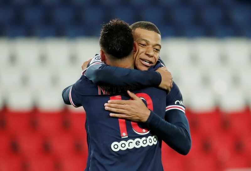 Neymar celebrates scoring their second goal with Kylian Mbappe. Reuters