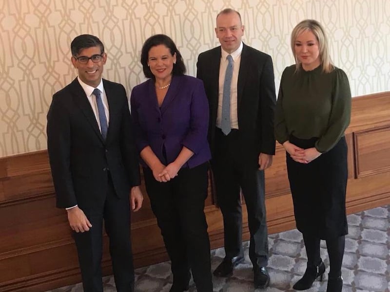 From left, UK Prime Minister Rishi Sunak, Sinn Fein president Mary Lou McDonald, Northern Ireland Secretary Chris Heaton-Harris and Sinn Fein vice president Michelle O'Neill at talks on Friday. Photo: Mary Lou McDonald / Twitter