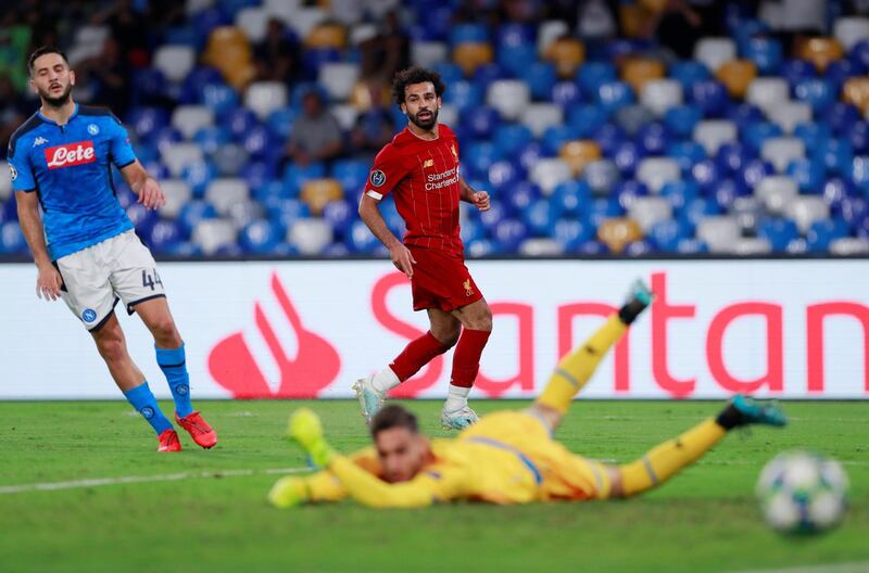 Liverpool's Mohamed Salah misses a chance to score. Reuters