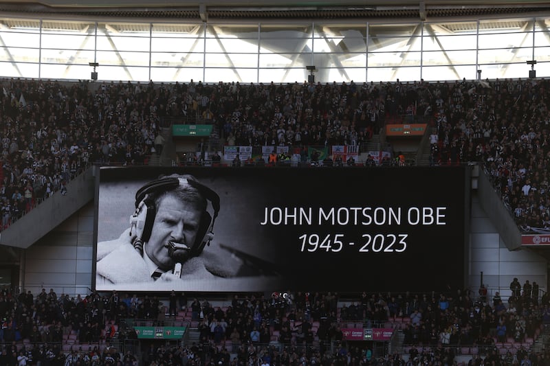 A tribute to the late English football commentator John Motson at Wembley. Getty