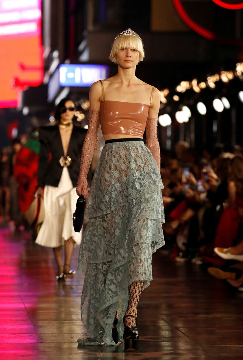 There were also more subdued pieces in the glamorous collection. AP