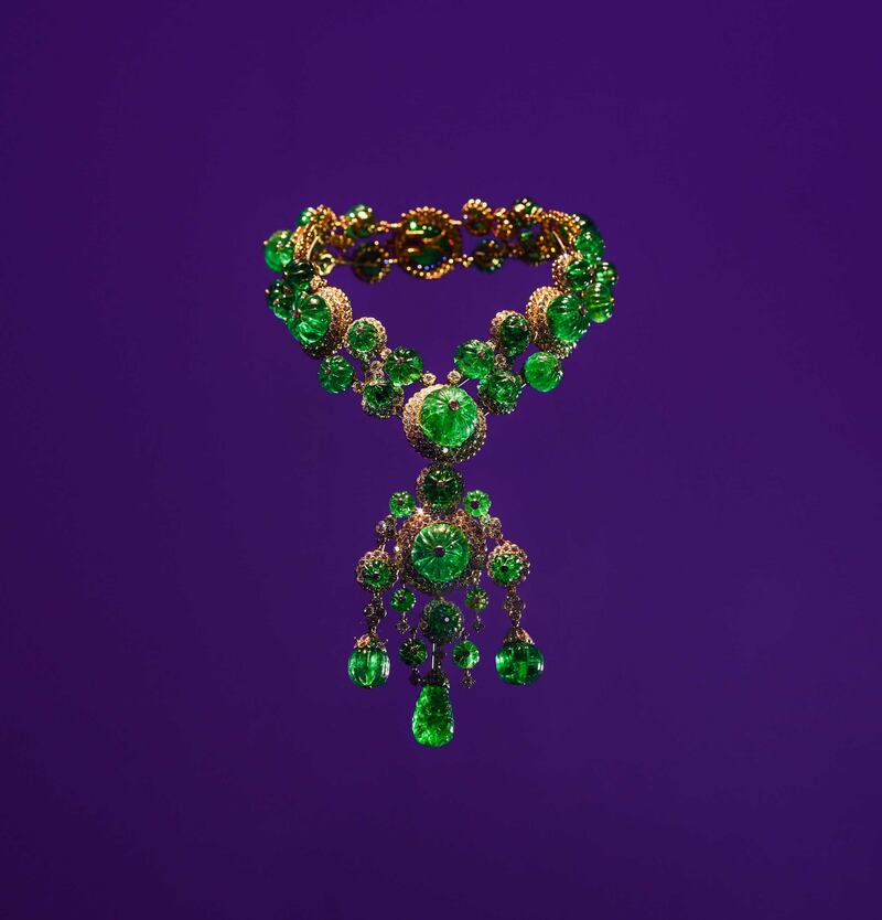A Maharaja-esque emerald necklace where each gemstone has been hand carved into a plump cushion