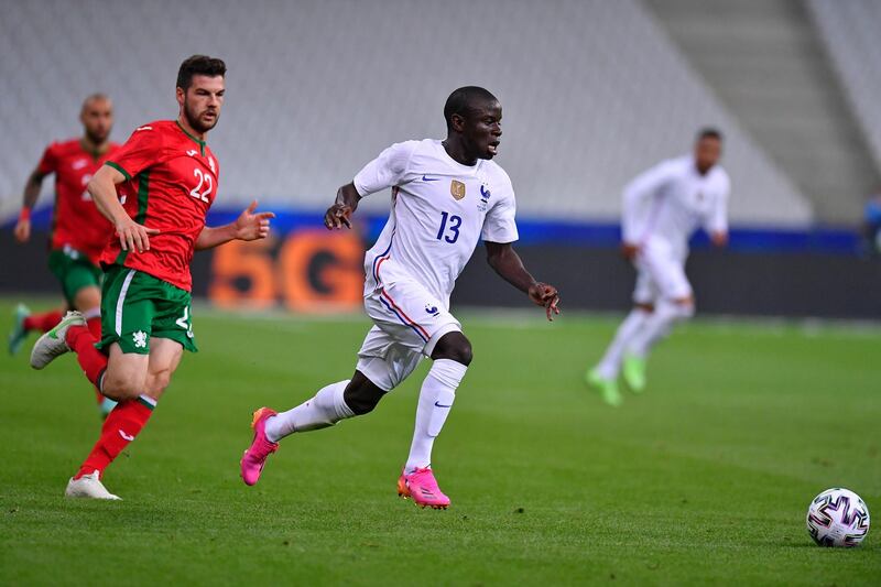 France midfielder Ngolo Kante runs with the ball during the international friendly against Bulgaria. Getty Images