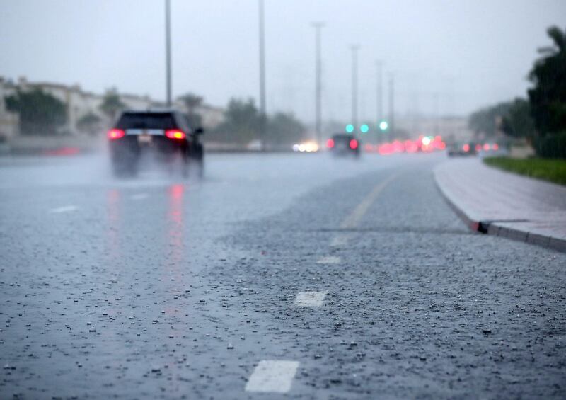 Dubai, United Arab Emirates - November 26, 2018: Rain comes down hard in the Springs. Monday the 26th of November 2018 in The Springs, Dubai. Chris Whiteoak / The National