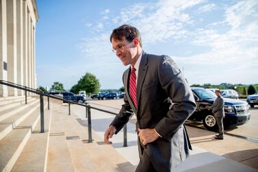 Acting Defence Secretary Mark Esper arrives at the Pentagon in Washington, DC. Mr Esper is heading to Europe to try to convince wary Nato allies to work with the Trump administration on Iran sanctions. AP