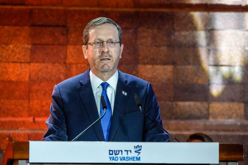 Israel's President Isaac Herzog during the opening ceremony for the Holocaust Martyrs' and Heroes' Remembrance Day. AP