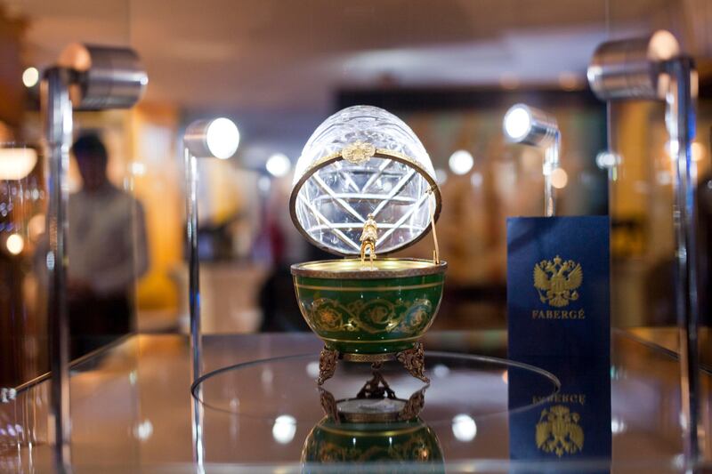 Dubai, United Arab Emirates - January 15 2012 - A Faberge egg on display at the World Luxury Expo in Burj Al Arab. It is worth 1 million USD.  (Razan Alzayani / The National)