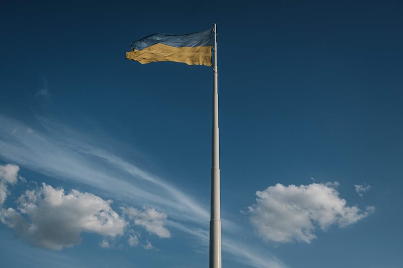 A Ukrainian flag flies in a park in Kramatorsk, Donetsk region, eastern Ukraine. A rocket attack on the city railway station earlier in April killed at least 50 people. AFP