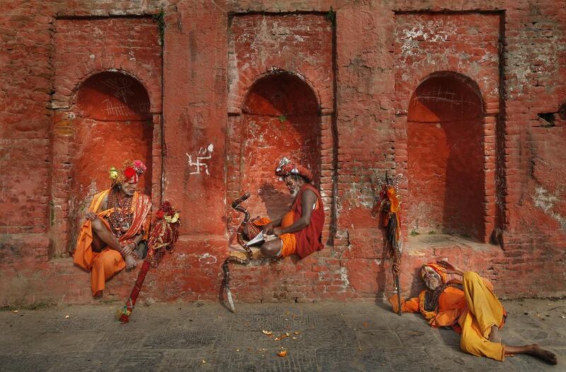 Sadhu — or holy men — rest upon arrival for the upcoming Hindu festival Maha Shivaratri at the Pashupatinath temple in Kathmandu, Nepal. Hundreds of Sadhus from across the country and neighbouring India arrive to celebrate the birthday of lord Shiva, the god of creation and destruction which falls on February 24, 2017. Narendra Shrestha / EPA / February 17, 2017