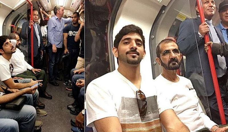 Sheikh Mohammed and Sheikh Hamdan bin Mohammed, Crown Prince of Dubai, ride the London Metro in July 2016.