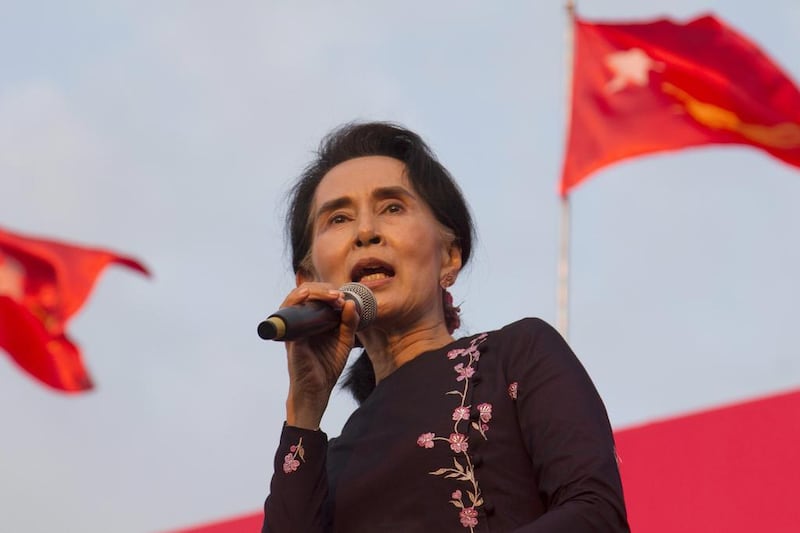 Aung San Suu Kyi speaks during an election campaign, in Yangon, last month. Khin Maung Win / AP