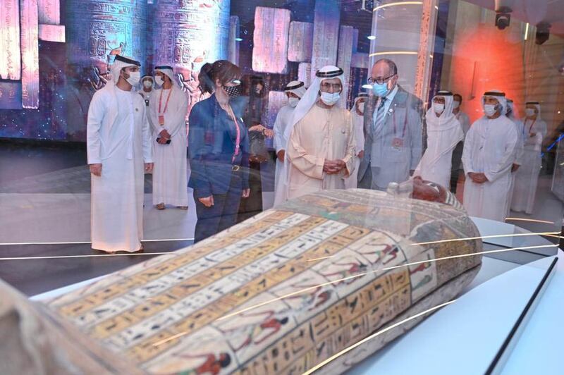 Officials at Expo 2020 Dubai give Sheikh Mohammed a tour of the Egyptian pavilion during the Dubai Ruler's visit.