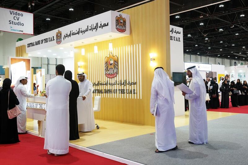 The UAE Central Bank booth was a popular stop Emirati jobhunters during the Tawdheef recruitment event in January. Only 20,000 to 30,000 Emiratis are employed in private organisations. Delores Johnson / The National