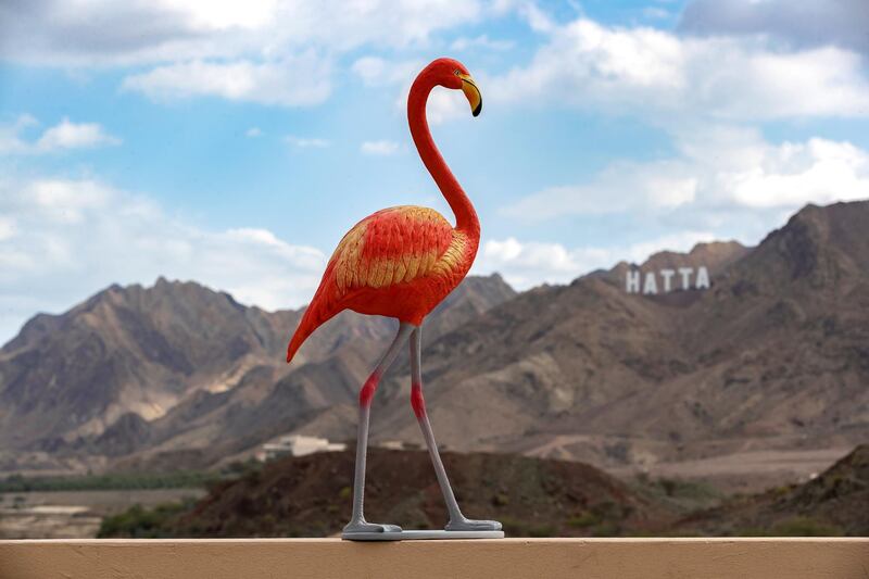 Hatta, United Arab Emirates - April 18, 2019: Photo project. A flamingo located in the Hatta mountains. The Propshop has the largest inventory of quality event props in the UAE, individually hand cast and hand painted. 2019. Hatta. Chris Whiteoak / The National
