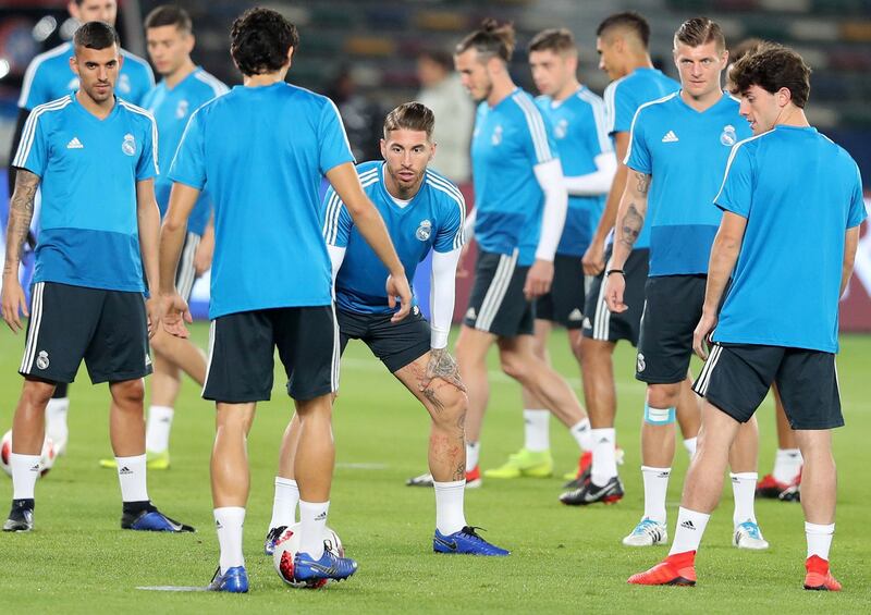 Abu Dhabi, United Arab Emirates - December 21, 2018: Sergio Ramos of Real Madrid trains ahead of the Fifa Club World Cup final. Friday the 21st of December 2018 at the Zayed Sports City Stadium, Abu Dhabi. Chris Whiteoak / The National