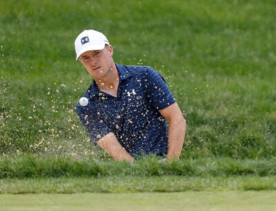 Jordan Spieth hits from the sand on the first hole during the final round of the Memorial golf tournament Sunday, June 2, 2019, in Dublin, Ohio. (AP Photo/Jay LaPrete)