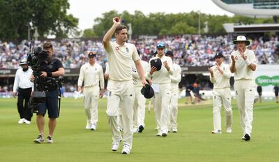 LONDON, ENGLAND - JULY 26: Chris Woakes of England salutes the crowd as he leaves the field after taking six wickets during the Specsavers Test Match between England and Ireland at Lord's Cricket Ground on July 26, 2019 in London, England. (Photo by Gareth Copley/Getty Images)