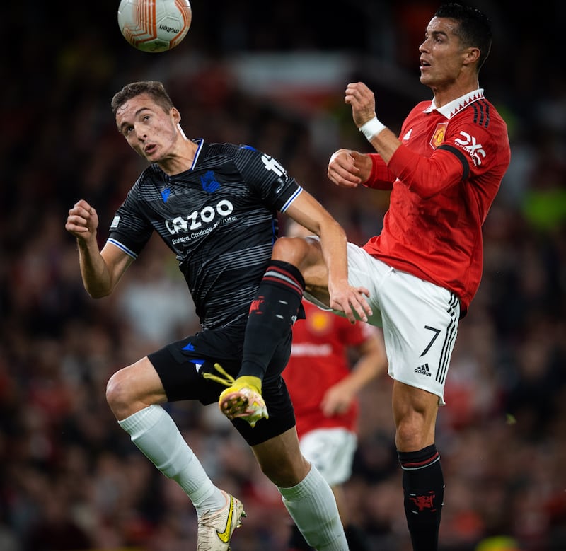 Real Sociedad's Jon Pacheco in action with Manchester United's Cristiano Ronaldo. EPA
