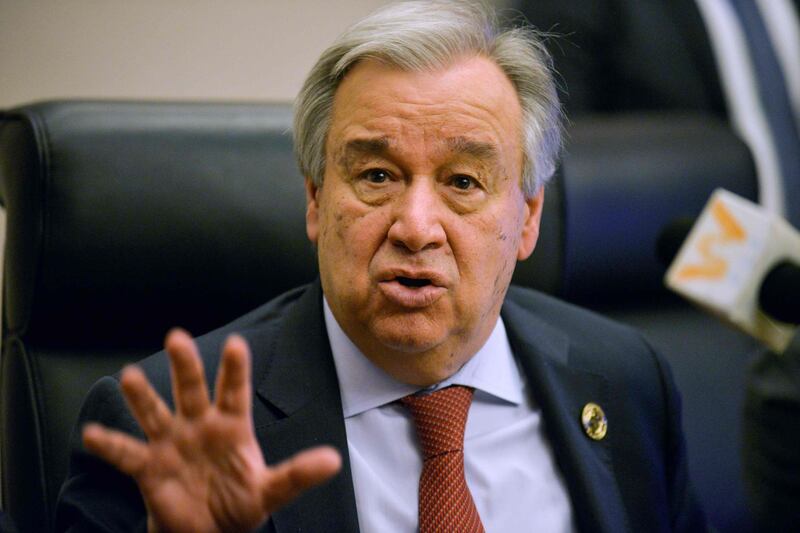 (FILES) In this file photo taken on February 8, 2020 United Nations Secretary-General Antonio Guterres speaks during a press conference at the African Union headquarters during the 33rd African Union (AU) Summit, in Addis Ababa. UN Secretary General Antonio Guterres urged restraint by US authorities toward protestors and believes allegations of police violence should be investigated, his spokesperson said June 1, 2020. Protests should remain peaceful, while "authorities must show restraint in responding to demonstrators in US as in any other country in the world," Guterres believes, according to spokesman Stephane Dujarric.
 / AFP / MICHAEL TEWELDE
