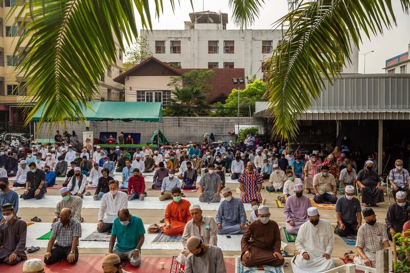 Thai Muslims take part in a prayer at The Foundation of the Islamic Centre of Thailand in Bangkok, Thailand. Getty Images