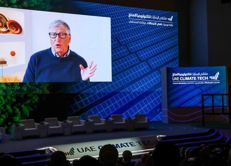 Bill Gates addresses more than 1,000 delegates at the Climate Tech conference in Abu Dhabi. Victor Besa / The National