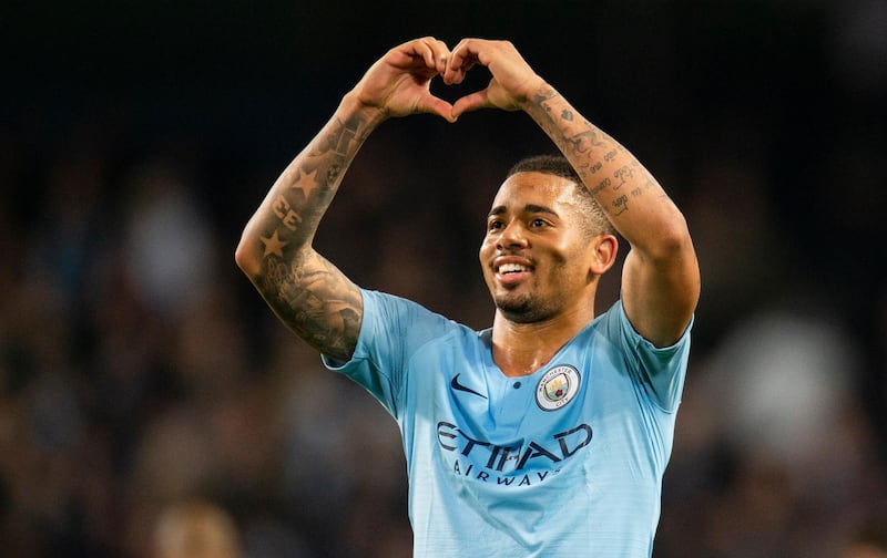 epa07149588 Manchester City's Gabriel Jesus celebrates scoring the sixth goal during the UEFA Champions League Group F soccer match between Manchester City and Shakhtar Donetsk held at the Etihad Stadium in Manchester, Britain, 07 November 2018.  EPA/PETER POWELL .