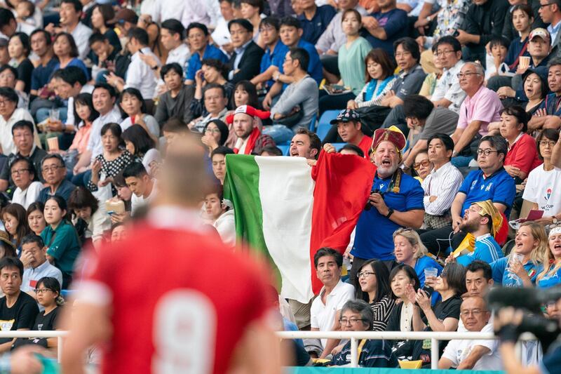 Italian supporters cheer during the Rugby World Cup in Fukuoka. EPA