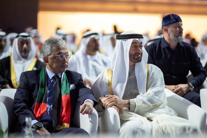 ABU DHABI, UNITED ARAB EMIRATES - December 02, 2019: HH Sheikh Mohamed bin Zayed Al Nahyan, Crown Prince of Abu Dhabi and Deputy Supreme Commander of the UAE Armed Forces (R) and HM King Abdullah Ri’ayatuddin Al-Mustafa Billah Shah of Malaysia (L), watch the performance of ‘Legacy of Our Ancestors’ during the 48th UAE National Day celebrations, at Zayed Sports City.

( Rashed Al Mansoori / Ministry of Presidential Affairs )
---