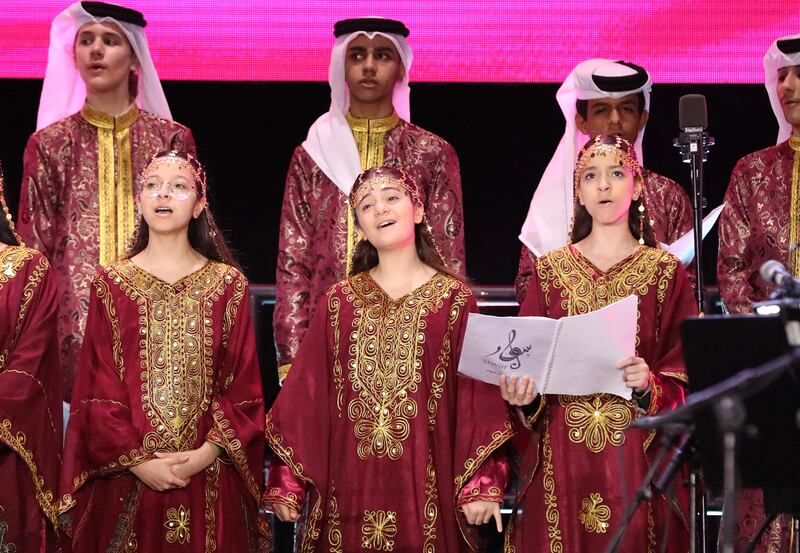 The Siwar Choir stage a musical performance for Qatar Day at Expo 2020 Dubai