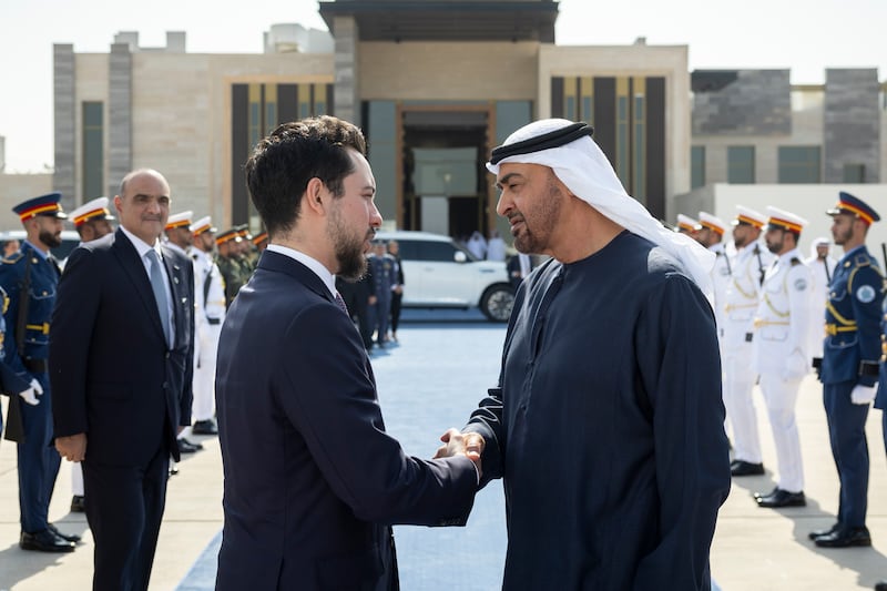 Sheikh Mohamed bids farewell to Prince Hussein at Al Bateen Airport. Ryan Carter / UAE Presidential Court