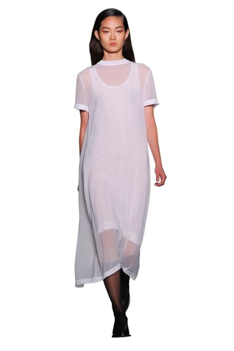 A minimalist summer look as worn by catwalk model from DKNY. Edward James / WireImage