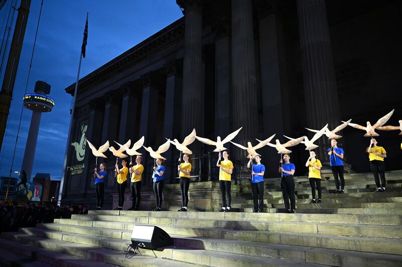 Dancers show their support for Ukraine during the welcome event. Getty