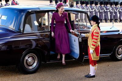 Kate, Princess of Wales arrives for the ceremonial welcome of Cyril Ramaphosa at Horse Guards Parade, London. Getty Images