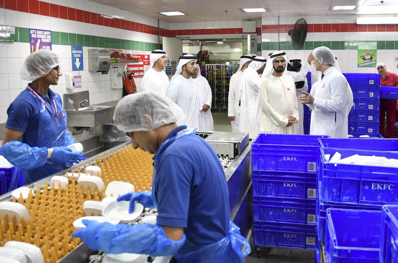 Sheikh Mohammed bin Rashid, Vice President and Ruler of Dubai, visits the dishwashing area in Emirates Flight Catering where over than 3 million cutlery are washed every day. Wam