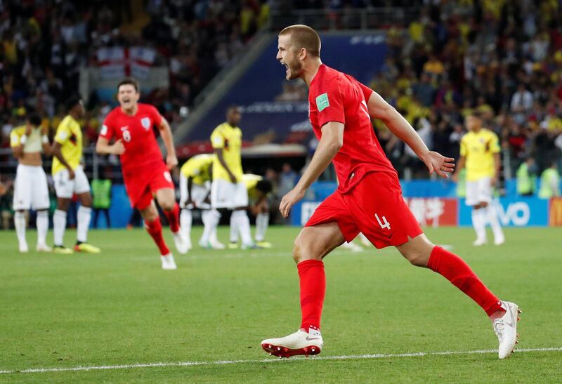 England's Eric Dier celebrates his winning penalty. Maxim Shemetov / Reuters