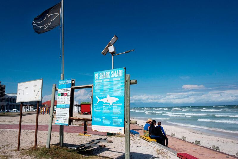A group of people sit next to shark-education signs and a shark-warning flag at Muizenberg beach in Cape Town. AFP